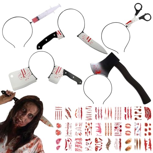 Auzlya Halloween Messer im Kopf,5 Stück Halloween Haarreif,Halloween Accessoires,Halloween Accessoires Damen,Blutige Schere im Kopf,mit Scars Tattoo,für Herren Damen bei der Halloween Party von Auzlya