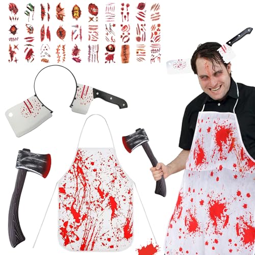 Auzlya Halloween Schlächter Kostüm,5 Stück Halloween Kostüm, Metzger Schürze Halloween,Halloween Blutige Schürze,Metzger Kostüm mit Stirnband Kunststoff für Halloween Verkleidung Cosplay Party von Auzlya