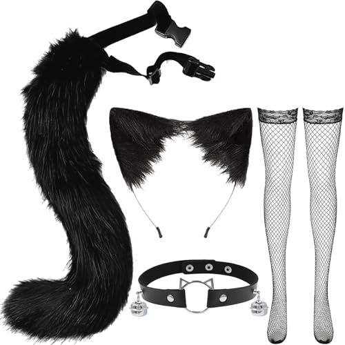 Auzlya 4 Stück Fuchs Kunstpelz Schwanz Set, Katzen Ohren und Schwanz,Halloween Cosplay Kostüm Zubehör,Fuchsschwanz Cosplay,mit Ohren und Glockenkragen,Damen Netzstrümpfe,für Cosplay Set für Damen von Auzlya