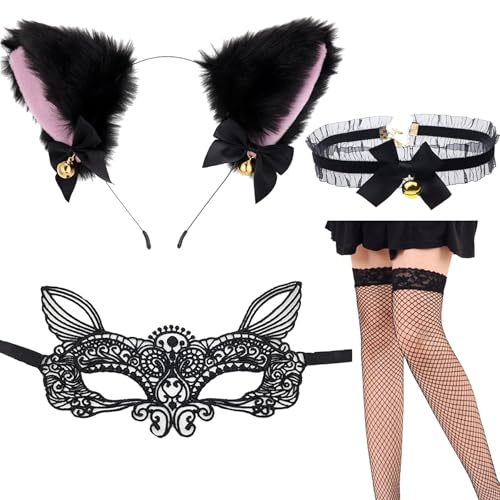 Auzlya 4 Stück Katzen Cosplay Kostüm Set,Katzenohren Haarreif,und Katzenmaske,Glöckchen Halskette,Damen Halterlose Netzstrümpfe,Katzenkostüm Damen Fasching,Kostüm Katze Maid Outfit Cosplay von Auzlya