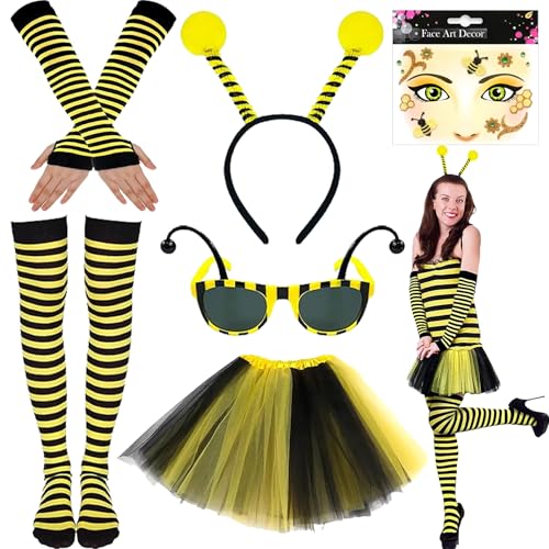 Auzlya 6 Stück Bienen Kostüm Erwachsene,Bienen Kostüm Damen,Karneval Cosplay Kostüm Damen,Bienenkostüm mit Biene Haarreif,Sonnenbrille Handschuhe Socken Tüll Rock,für Karneval Party von Auzlya