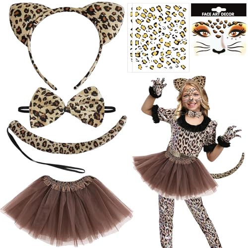 Auzlya 7 teilig Leoparden Kostüm Set, Tierkostüm Kinder inklusive Tutu Rock,Tier Leopard Stirnband Fliege,Leopard Gesichts Kunst Aufkleber,Karneval Mottoparty Damen Kinder Kostüm von Auzlya