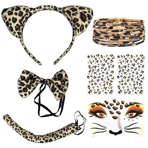 Auzlya 7 teilig Leoparden Kostüm Set, Leoparden Kostüm Damen,Tier Leopard Stirnband Fliege,Leoparden Armband,Leopard Gesichts Kunst Aufkleber,Karneval Mottoparty Damen Kinder Kostüm von Auzlya