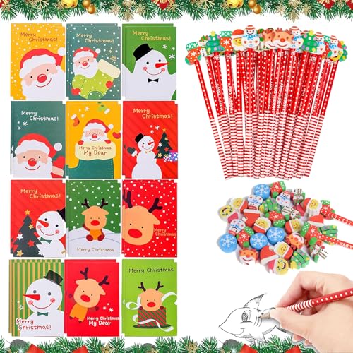 Auzlya Weihnachten Bleistifte mit Radiergummi,12 Weihnachts Notizbuch+12 Weihnachten Bleistift,Weihnachtsgeschenke Kleinigkeiten,Weihnachten Party Geschenke Bag Fillers von Auzlya