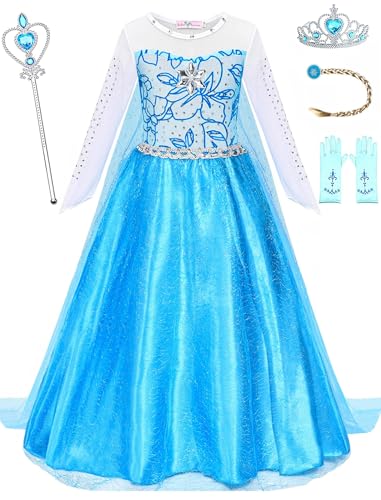 Avady Prinzessinnenkleid für Mädchen, langärmelig, Elsa-Kostüm, Kinder, Halloween-Kostüme, Cosplay-Outfit, Blau, 2-3T von Avady