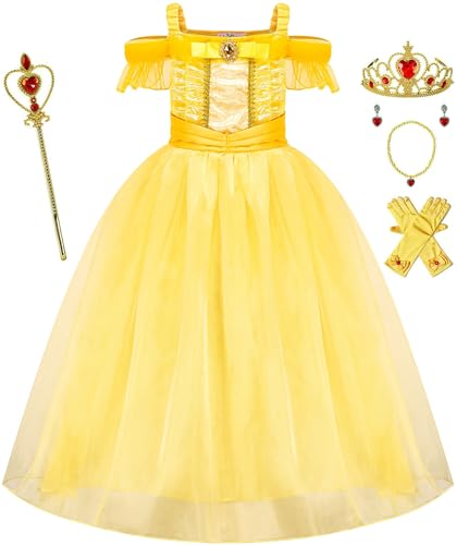 Avady Prinzessinnenkleid für Mädchen, schulterfrei, mehrlagiges Kostüm, Halloween, Party, Cosplay, Outfits, Gelb von Avady