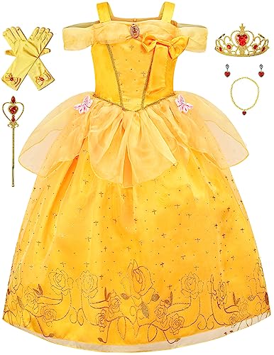 Avady Prinzessinnenkleider für Mädchen, Prinzessinnen-Kostüm für Kinder, Halloween, Cosplay, Outfits, Gelb, 4T, 5T von Avady