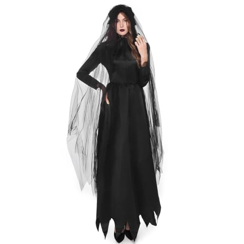 Avejjbaey Frauen Halloween Braut Schwarzes Hexenkleid Cosplay Kostüm Outfit von Avejjbaey