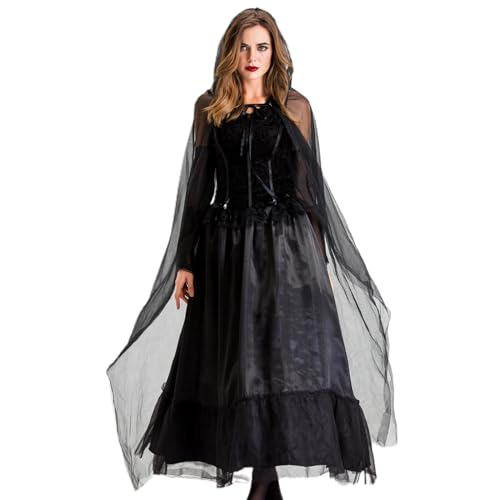 Avejjbaey Frauen Halloween Braut Schwarzes Hexenkleid Cosplay Kostüm Outfit von Avejjbaey