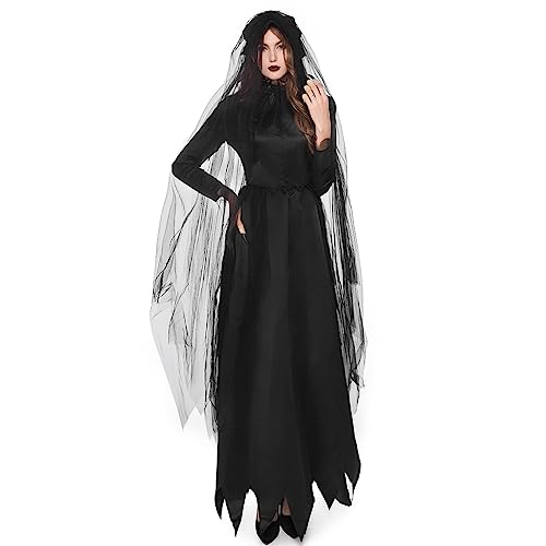 Avejjbaey Frauen Halloween Braut Schwarzes Hexenkleid Cosplay Kostüm Outfit von Avejjbaey