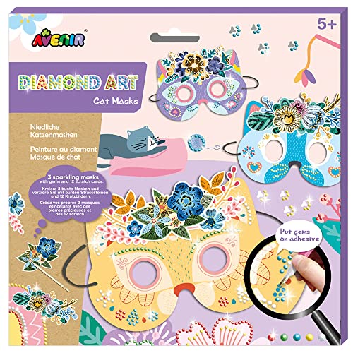 Avenir 6301767 DIY Juwelen Masken, Motiv Katze, Bastelset für Kinder, Kreativ-Set, ab 5 Jahren, Diamond Art, Katzenmasken, Verkleidung, bunt von Avenir