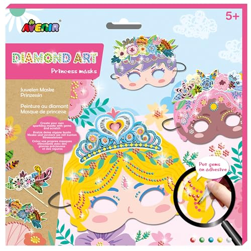 Avenir 6301768 DIY Juwelen Masken, Motiv Prinzessin, Bastelset für Kinder, Kreativ-Set, ab 5 Jahren, Diamond Art, Prinzessinnenmasken, bunt von Avenir
