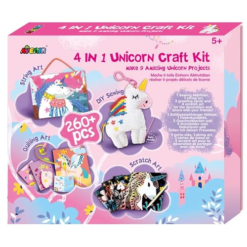 Avenir 6301772 4-in-1 Kreativ Set Einhörner, Bastelset mit 9 DIY Projekten, Basteln, Nähen, Kratzbilder, Fadenkunst, Quilling Art, für Kinder ab 5 Jahren, Unicorn von Avenir