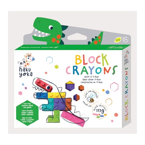 Haku Yoka 6303089 Block Wachsmalkreiden-Set, T-Rex, Wachsmalsteine in kräftigen Farben, Wachmalstifte in Klemmbaustein-Form, ohne Abfärben, für Kinder ab 3 Jahren von Haku Yoka