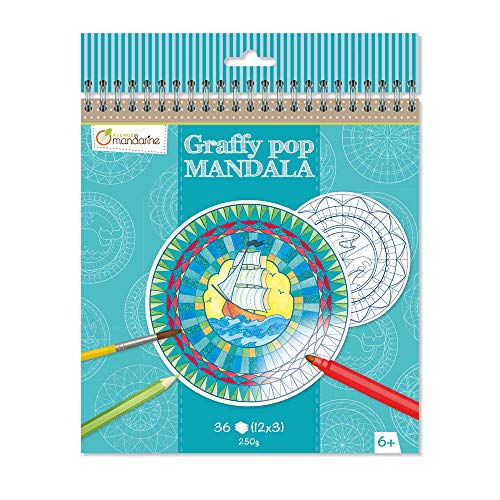 Avenue Mandarine GY028O Malbuch Graffy Pop Mandala, Zeichenpapier 250g, vorgestanzte Formen, 12 Motive wiederholen sich jeweils dreimal, ideal für Kinder ab 6 Jahren, 1 Stück, Blau von Avenue Mandarine