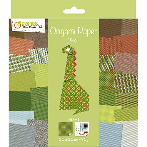 Avenue Mandarine OR512C - Packung Origami Papier mit 60 Blatt, beidseitig bedruckt, 20x20cm, 70g, + 1 Bogen Augen Stickers, ideal ab 7 Jahren, Dino, 1 Pack von Avenue Mandarine