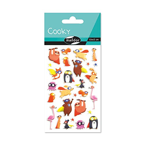 Maildor CY112C - Packung mit 1 Bogen 3D-Aufklebern Cooky, 7,5 x 12 cm, 28 Stickers, 1 Pack, Tiere Superhelden von Maildor