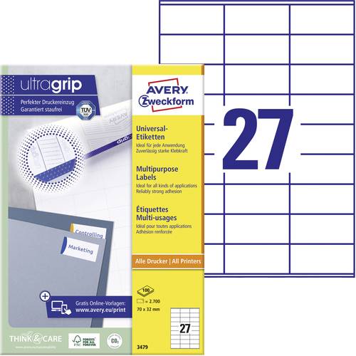 Avery-Zweckform 3479 Universal-Etiketten 70 x 32mm Papier Weiß 2700 St. Permanent haftend Farblaser von Avery-Zweckform