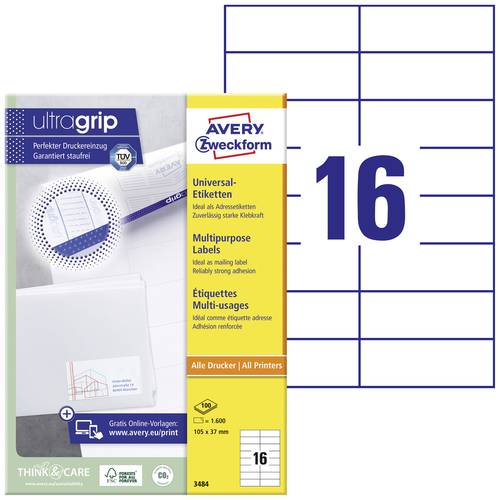 Avery-Zweckform 3484 Universal-Etiketten 105 x 37mm Papier Weiß 1600 St. Permanent haftend Farblase von Avery-Zweckform