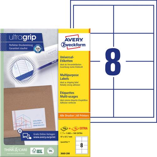 Avery-Zweckform 3660-200 Universal-Etiketten 97 x 67.7mm Papier Weiß 1760 St. Permanent haftend Far von Avery-Zweckform