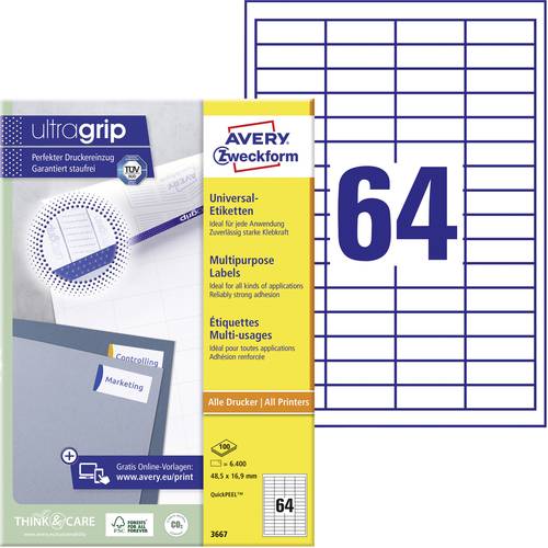 Avery-Zweckform 3667 Universal-Etiketten 48.5 x 16.9mm Papier Weiß 6400 St. Permanent haftend Tinte von Avery-Zweckform