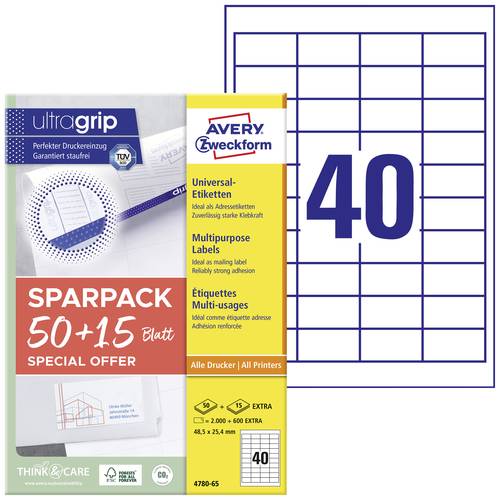 Avery-Zweckform 4780-65 Universal-Etiketten 48.5 x 25.4mm Papier Weiß 65 Blatt Permanent haftend Ti von Avery-Zweckform