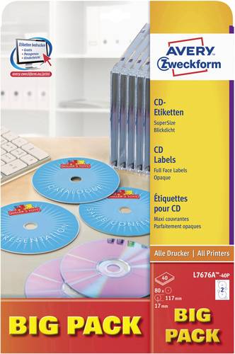 Avery-Zweckform L7676A-40P CD-Etiketten Ø 117mm Papier Weiß 80 St. Permanent haftend Farblaserdruc von Avery-Zweckform