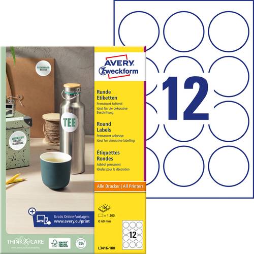 Avery-Zweckform L3416-100 Universal-Etiketten Ø 60mm Papier Weiß 1200 St. Permanent haftend Tinten von Avery-Zweckform