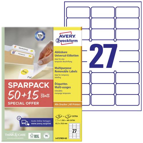 Avery-Zweckform L4737REV-65 Universal-Etiketten 63.5 x 29.6mm Papier Weiß 65 Blatt Wiederablösbar von Avery-Zweckform