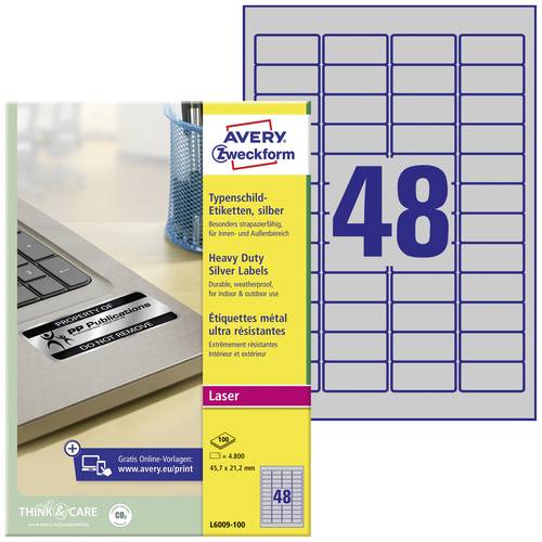 Avery-Zweckform L6009-100 Typenschild-Etiketten 45.7 x 21.2mm Polyester-Folie Silber 4800 St. Perman von Avery-Zweckform