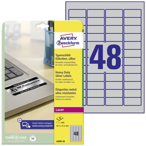 Avery-Zweckform L6009-20 Typenschild-Etiketten 45.7 x 21.2mm Polyester-Folie Silber 960 St. Permanen von Avery-Zweckform