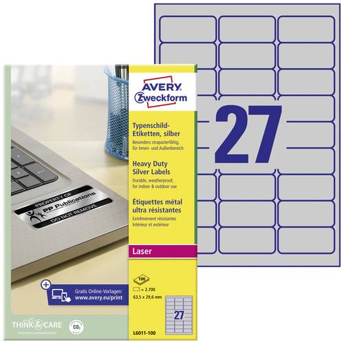 Avery-Zweckform L6011-100 Typenschild-Etiketten 63.5 x 29.6mm Polyester-Folie Silber 2700 St. Perman von Avery-Zweckform