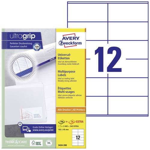 Avery-Zweckform 3424-200 Universal-Etiketten 105 x 48mm Papier Weiß 2640 St. Permanent haftend Farb von Avery-Zweckform