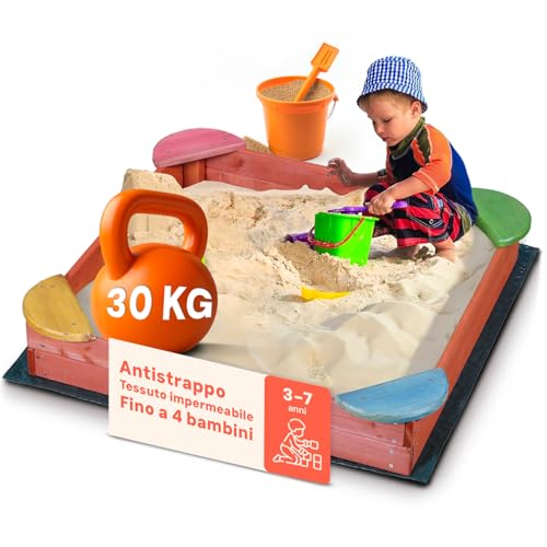 Avilia Sandkasten für Kinder im Freien aus Holz mit 4 Sitzen – Sandkasten für Kinder 100 x 17 cm – Sandkasten einfach zu montieren, fördert Kreativität und Geselligkeit für Kinder von 3 bis 7 Jahren von Avilia