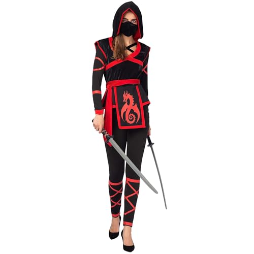 Awevudst Damen Halloween Ninja Krieger Kostüm Festivals Rave-Party Rollenspiel Strampler Cosplay Kostüm mit Facewear und Taillenschärpe (Schwarz Rot, XXL) von Awevudst