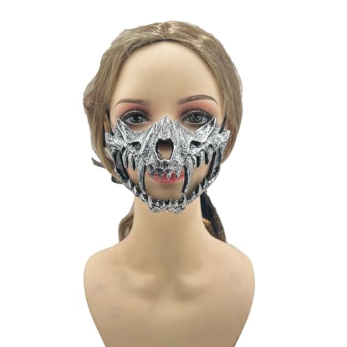 Awevudst Halloween Fledermaus halbes Gesicht Gesicht Realistische Gruselmaulkorb Cosplay Kopfbedeckung für Rollenspiel Party Maskerade Kostüm Requisiten (Silber, Facewear Stirnband Set) von Awevudst