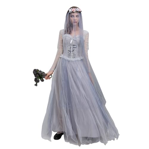 Awevudst Halloween-Kostüm für Damen, Totbraut-Kostüm, Geist, Leiche, Braut, Korsett-Kleid und Schleier, Blumen-Stirnband, Set, Halloween, gruselige Cosplay-Outfits (Grau, S) von Awevudst