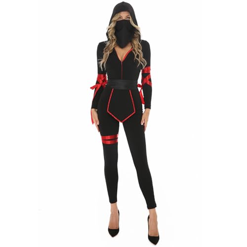 Awevudst Ninja-Cosplay-Kostüm-Set für Damen, langärmelig, V-Ausschnitt, Kapuze, Overall mit Gesichtsmaske und Gürtel für Halloween (Schwarz, L) von Awevudst