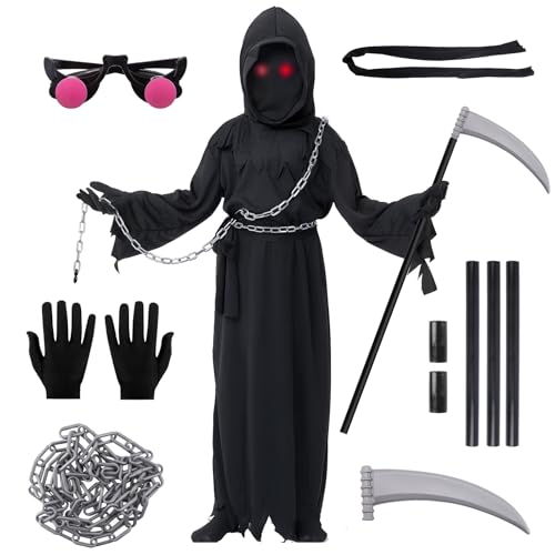 Halloween Kostüm Sensenmann für Kinder - Jungen und Mädchen Umhang Mit Kapuze, Maske, Scythe und Elektronisches Auge Mit Rotem Licht Halloween Kostüm Sensenmann für Kinder - Jungen und Mädchen Umhang Mit Kapuze, Maske, Scythe und Elektronisches Auge Mit Rotem Licht von Awroutdoor