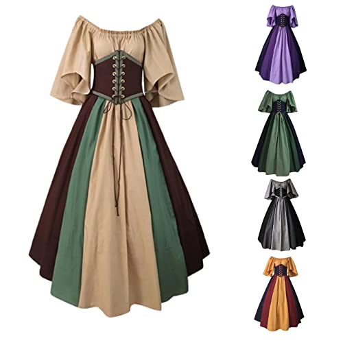 Awrvia Damen Mittelalter Kleid Halloween Party Cosplay Kostüm Karneval Abendkleid Renaissance Hofkleidung mit Trompetenärmel Prinzessin Kleidung Vintage Gebunden Taille Maxikleid Gothic Faltenrkleid von Awrvia