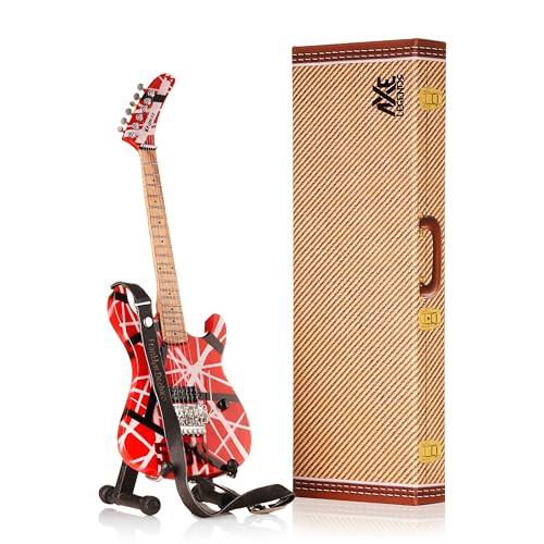 Axe Legends Kramer EVH Miniaturgitarre | Handgefertigte Mini-Nachbildung aus Holz inkl. personalisiertem Mini-Leder-Gitarrengurt und A-Rahmen-Präsentationsständer | 25 cm hoch | Lieferung in von Axe Legends