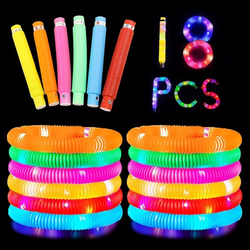 18 Stück Knicklicht Pop Tubes,LED Stretchrohr Leuchtspielzeug Fidget Toys,Leuchtstäbe Armbänder Party Deko,Bunt Festival Sensorik Spielzeug Röhren Mitgebsel Kindergeburtstag für Halloween,Weihnachten von Axijobs