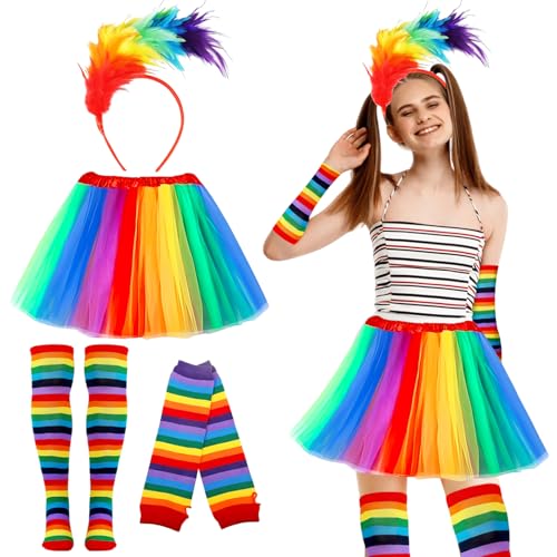 Axinyijia Tüllrock Regenbogen Damen Karneval Kostüm Set mit Bunte Feder Stirnband, Regenbogen Kniestrümpfe, Fingerlose Handschuhe Faschingskostüme Damen Mädchen Fasching Cosplay von Axinyijia