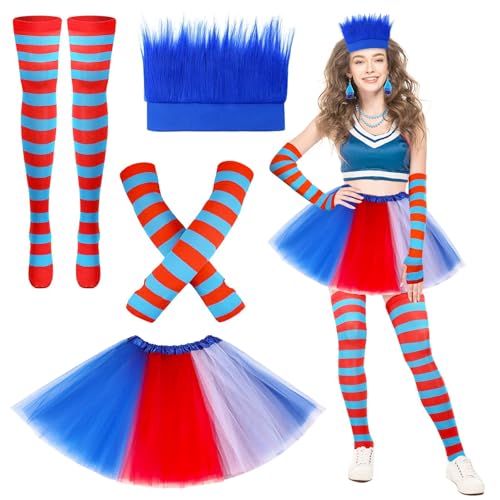 Axinyijia 4Pcs Clown Kostüm Damen Karneval Set mit Regenbogen Tüllrock, Bunte Feder Stirnband, Bunt Kniestrümpfe für Fasching Cosplay (blau rot) von Axinyijia