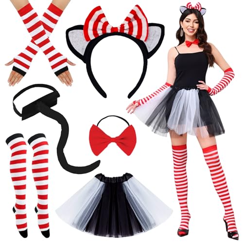 Axinyijia 6Pcs Katzen Cosplay Karneval Kostüm Damen mit Katzenohren Haarreif, Katzenschwanz, Schwarz Tutu, Fliege Katzenkostüm Set Mädchen Kostüm Fasching Katze von Axinyijia