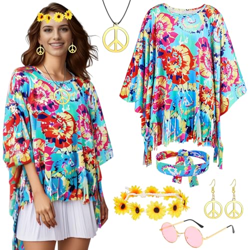 Axinyijia 7 Stück Hippie Kostüm Damen, Karneval Hippie Kleidung Accessoires Frau, 70er Jahre Hippie Outfit Faschingskostüme Damen Boho Flower Power Cosplay von Axinyijia