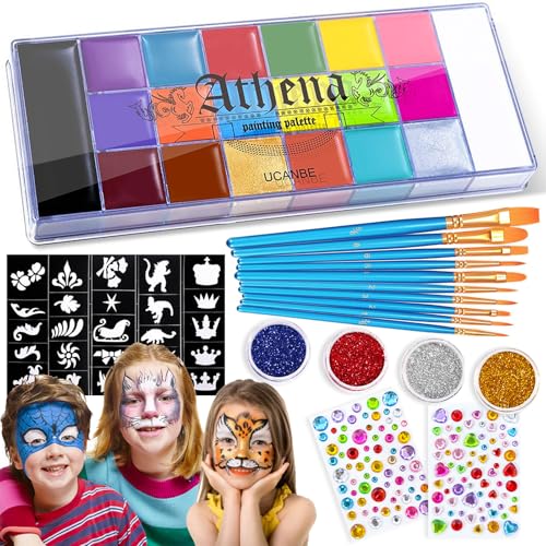 Axinyijia Kinderschminke Set 10/15/20 Farben, Karneval Body Painting Gesichtsfarben Schminke für Kinder Erwachsene mit Glitzer, Berufs Pinsel, Vorlagen, Schwämme Kinderschminken Set von Axinyijia