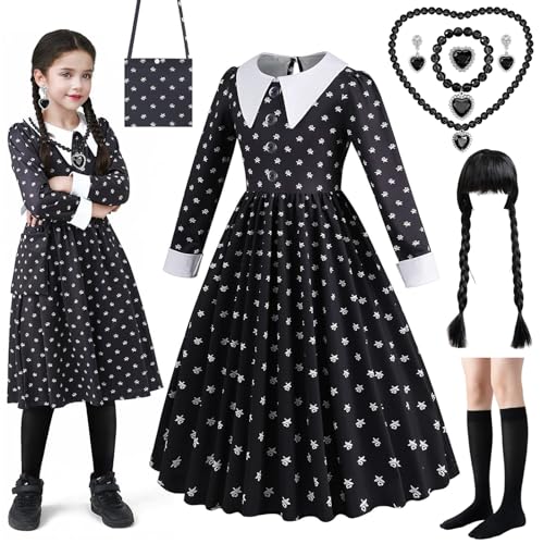 Axinyijia Mittwoch Kostüm Set Mädchen, Karneval Wed Adam Kleid mit Schwarze Perücke, Tasche, Socken, Halsketten-Set für Kinder Fasching Cosplay Axinyijia Mittwoch Kostüm Set Mädchen, Karneval Wed Adam Kleid mit Schwarze Perücke, Tasche, Socken, Halsketten-Set für Kinder Fasching Cosplay von Axinyijia