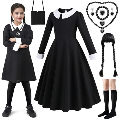 Axinyijia Schwarzer Kostüm Für Mädchen mit Perücke Wed Kostüm mit Zubehör für Kinder Schwarzer Kleid Set Karneval Cosplay (120cm) von Axinyijia