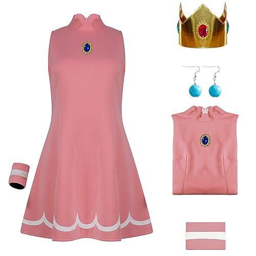 Axvinel Prinzessin Pfirsich Kostüm Damen Prinzessin Daisy Rosalina Tenniskleid mit Krone Ohrringe Erwachsene Halloween Outfits L von Axvinel